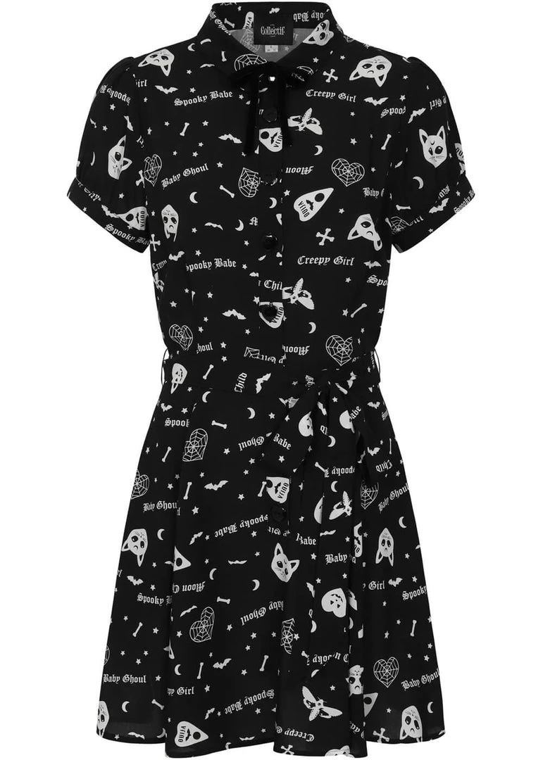 New In Collectif Mary Grace Creepy Girl 80's Skater Dress Black