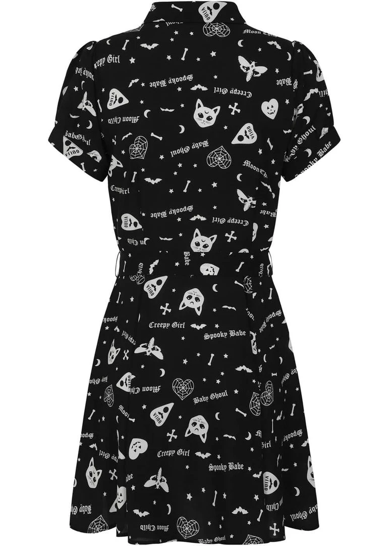 New In Collectif Mary Grace Creepy Girl 80's Skater Dress Black
