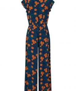 New In Collectif Thelma Flora 70's Jumpsuit In Navy