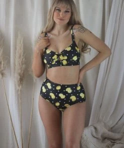 New In Collectif Lemon Polka 50's Bikini Top Black