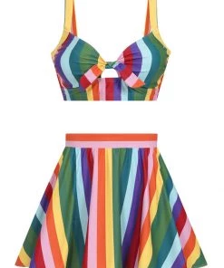 Collectif Rainbow Stripes 60's Bikini Briefs Skirt Multi New In