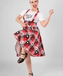 New In Collectif Alexa Heart Gingham 50's Swing Skirt Red