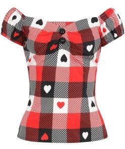 New In Collectif Dolores Heart Gingham 50's Top Red