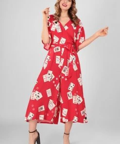 New In Collectif Akiko Cat Croupier 40's Jumpsuit Red