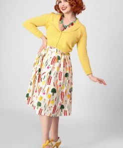 Collectif Marilu Vegetable Medley 50's Swing Skirt Cream New In