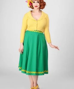 Collectif Matilde Banana Trim 50's Swing Skirt Green New In