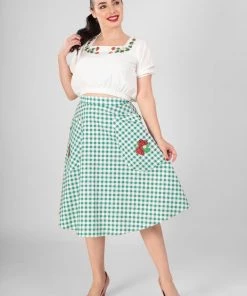 New In Collectif Veronica Strawberry Gingham 40's Swing Skirt Green