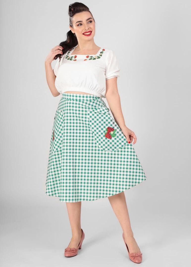 New In Collectif Veronica Strawberry Gingham 40's Swing Skirt Green