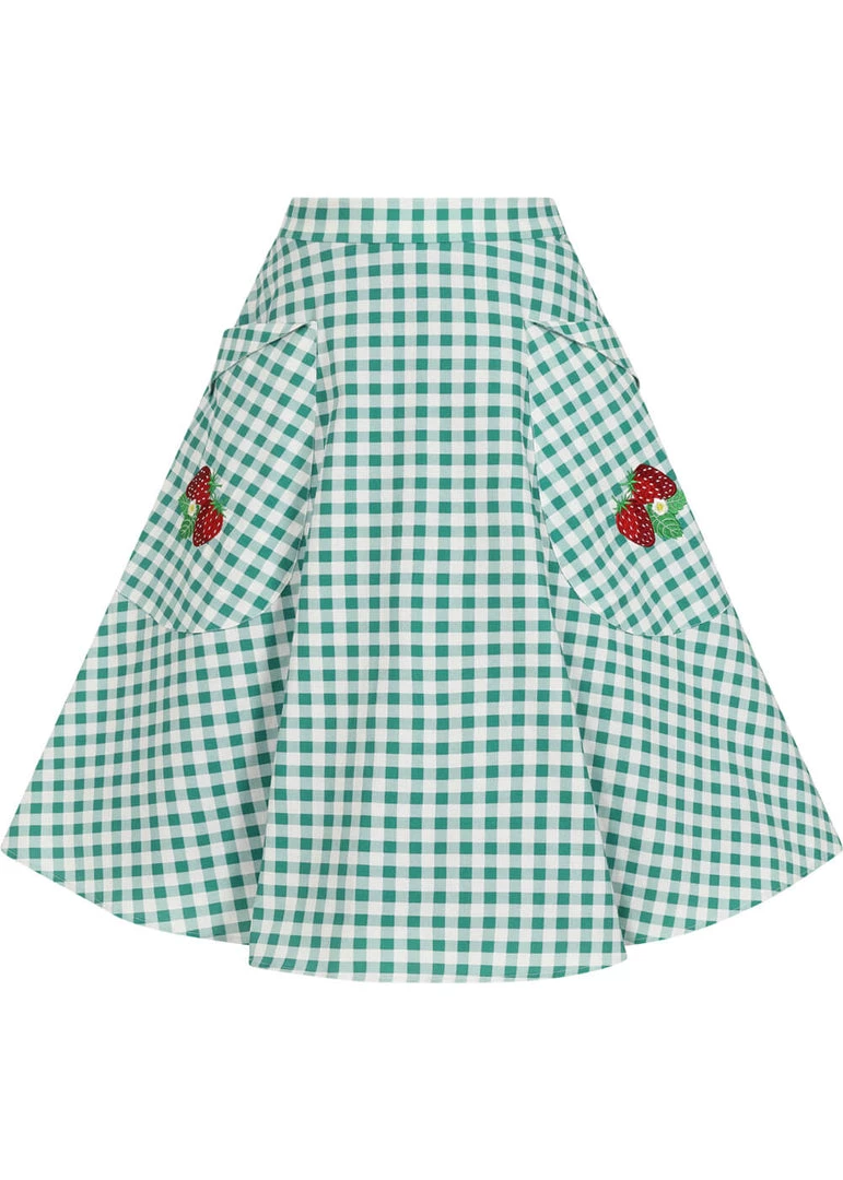 New In Collectif Veronica Strawberry Gingham 40's Swing Skirt Green