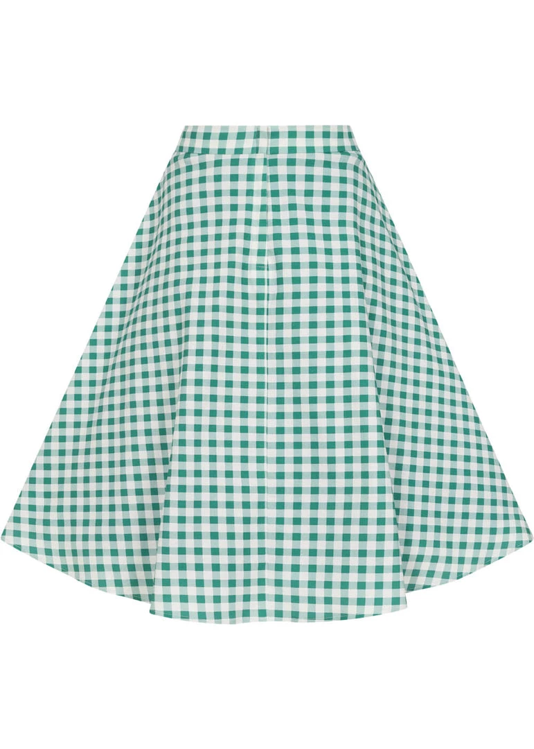 New In Collectif Veronica Strawberry Gingham 40's Swing Skirt Green