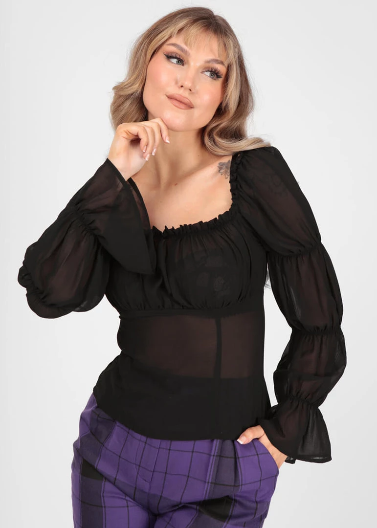 Collectif Agnes Mesh Ruched 60's Top Black New In