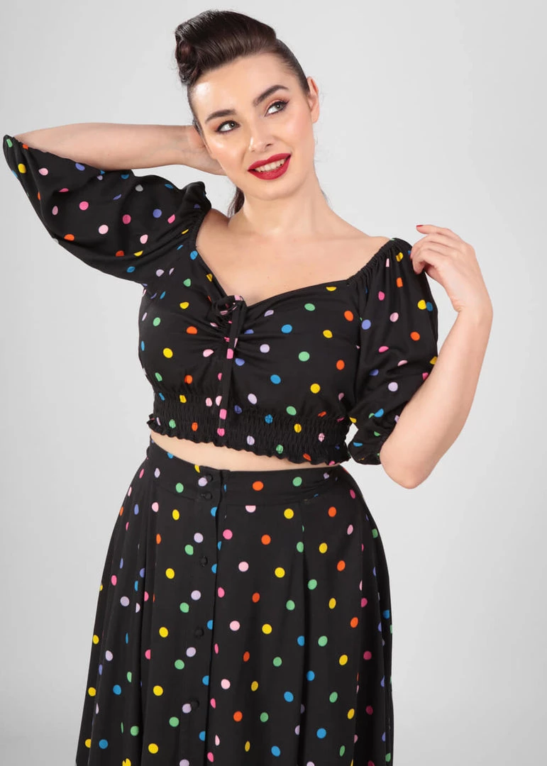 Collectif Stevie Rainbow Polka Dot 60's Top Black New In