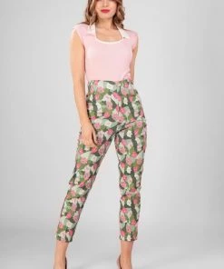 Collectif Bonnie Palm Blush Floral 50's Trousers Green