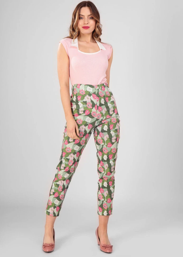 Collectif Bonnie Palm Blush Floral 50's Trousers Green