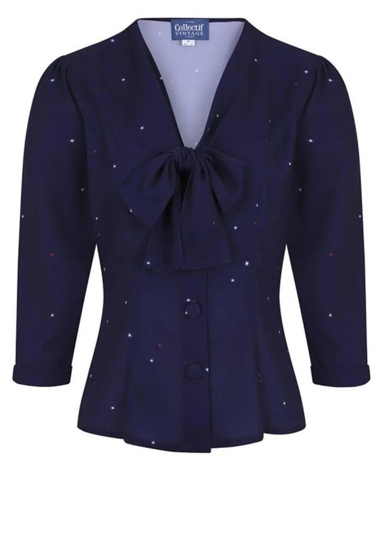 Collectif Andra Starry Polkadot 40's Blouse Navy Blue