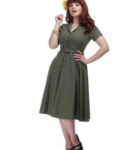 Collectif Caterina Vintage 40's Swing Dress Olive New In