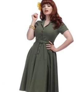 Collectif Caterina Vintage 40's Swing Dress Olive New In