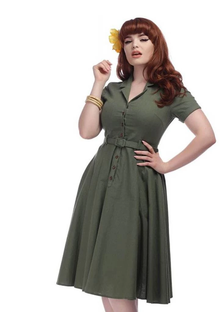 Collectif Caterina Vintage 40's Swing Dress Olive New In