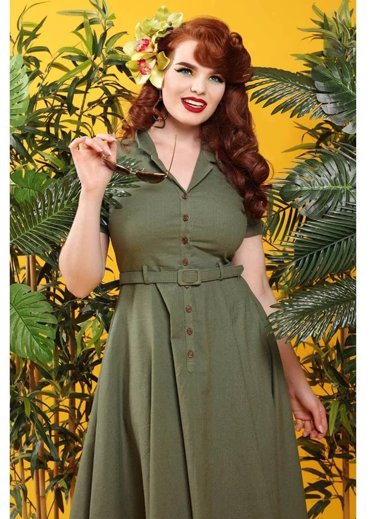 Collectif Caterina Vintage 40's Swing Dress Olive New In