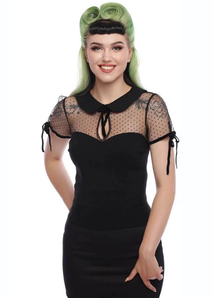 Collectif Kitten Polkadot Mesh 50's Top Black