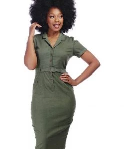 Collectif Caterina Vintage 40's Pencil Dress Olive New In