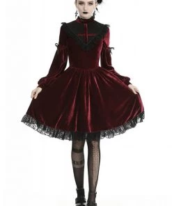 Dark In Love Ghost Cross Velvet 60's Dress Blood Red