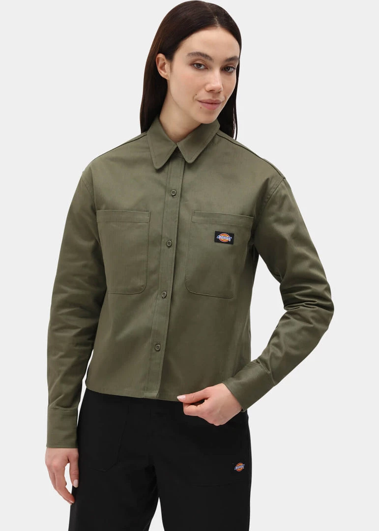 New In Dickies Womens Chokio Herringbone Shirt Military Green