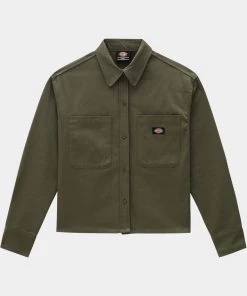 New In Dickies Womens Chokio Herringbone Shirt Military Green