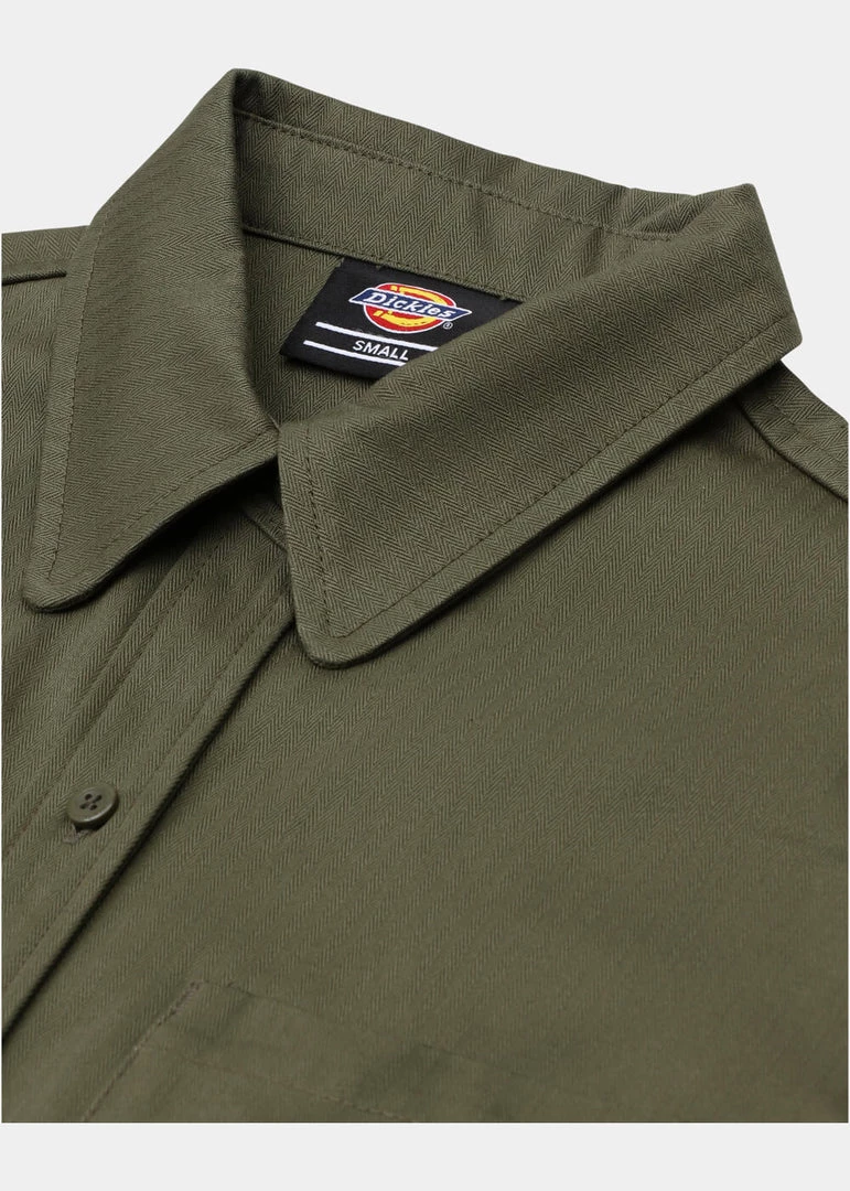 New In Dickies Womens Chokio Herringbone Shirt Military Green