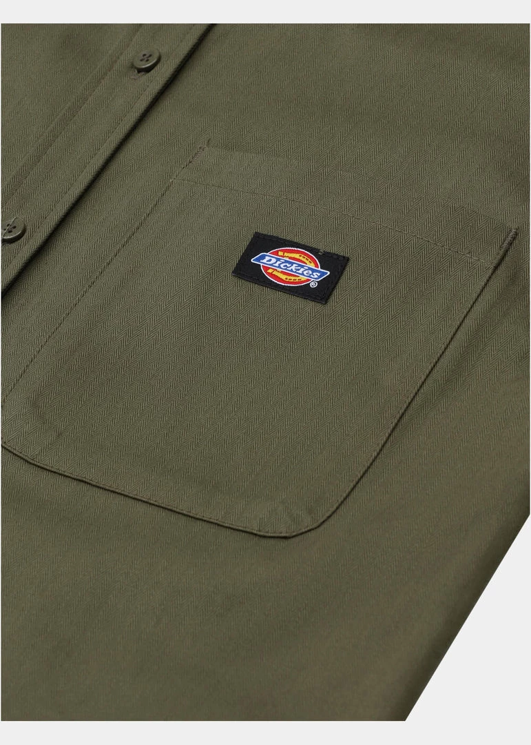New In Dickies Womens Chokio Herringbone Shirt Military Green
