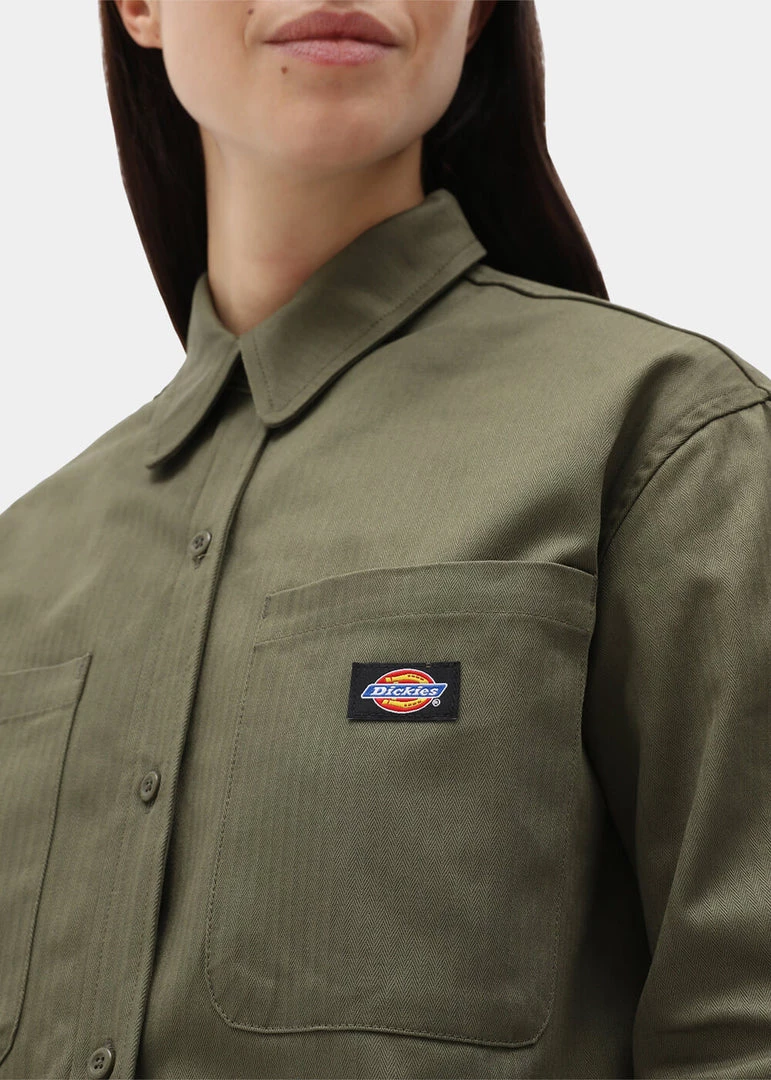 New In Dickies Womens Chokio Herringbone Shirt Military Green