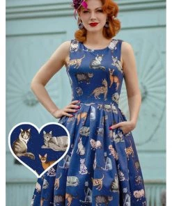 New In Dolly & Dotty Annie Cat 50's Swing Dress Navy