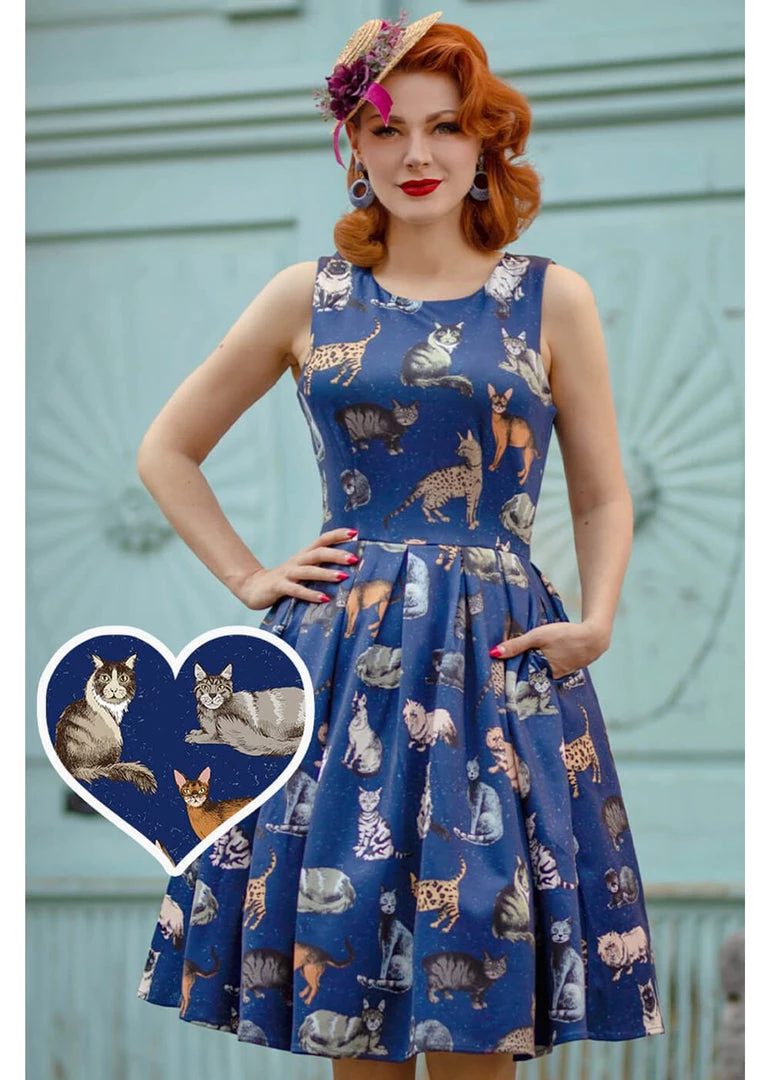 New In Dolly & Dotty Annie Cat 50's Swing Dress Navy