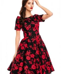 Dolly & Dotty Darlene Red Roses 50's Swing Dress Black