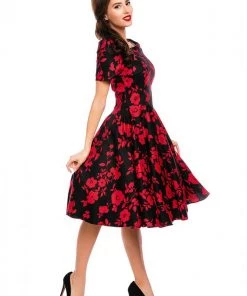 Dolly & Dotty Darlene Red Roses 50's Swing Dress Black