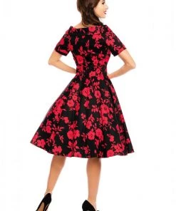 Dolly & Dotty Darlene Red Roses 50's Swing Dress Black