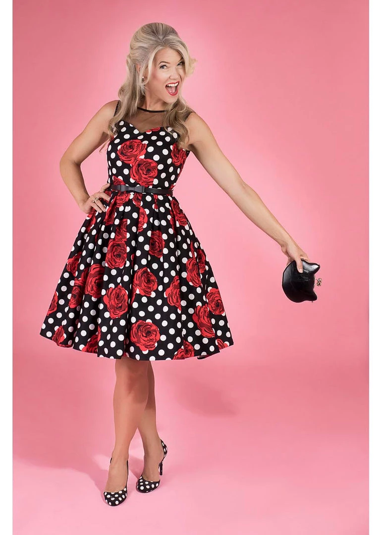New In Dolly & Dotty Elizabeth Roses And Polkadots 50's Swing Dress