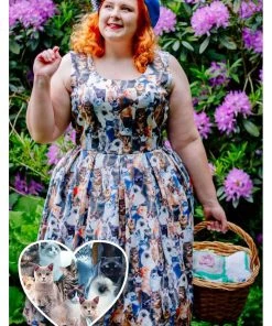 Dolly & Dotty Amanda Furry Cat 50's Swing Dress Multi New In