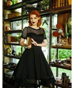 Dolly & Dotty Tess Embroided 50's Swing Dress Black New In