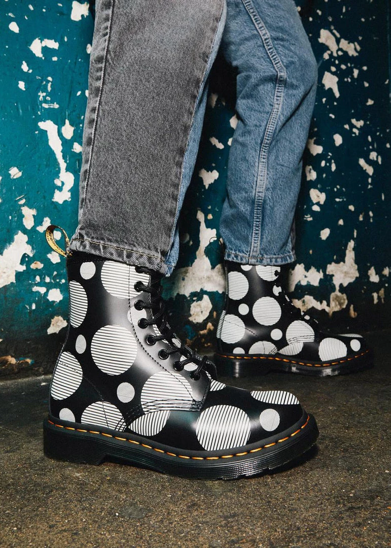 Dr. Martens 1460 Polka Dot Leather Boots Black White New In