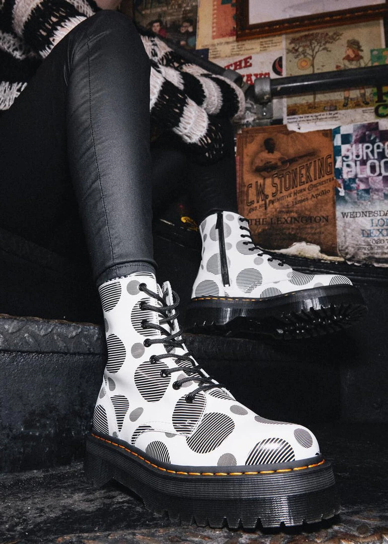 Dr. Martens Jadon Polka Dot Leather Platform Boots White Black