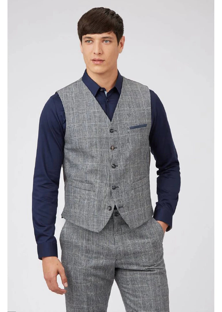 Gibson London Daniel Check Waistcoat Grey