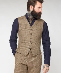 Gibson London Sean Check Waistcoat Brown