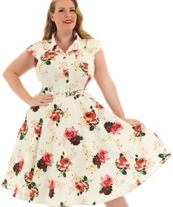 New In Hearts & Roses Delilah Floral 50's Swing Dress Cream