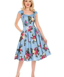 Hearts & Roses Jolene Floral 50's Swing Dress Blue