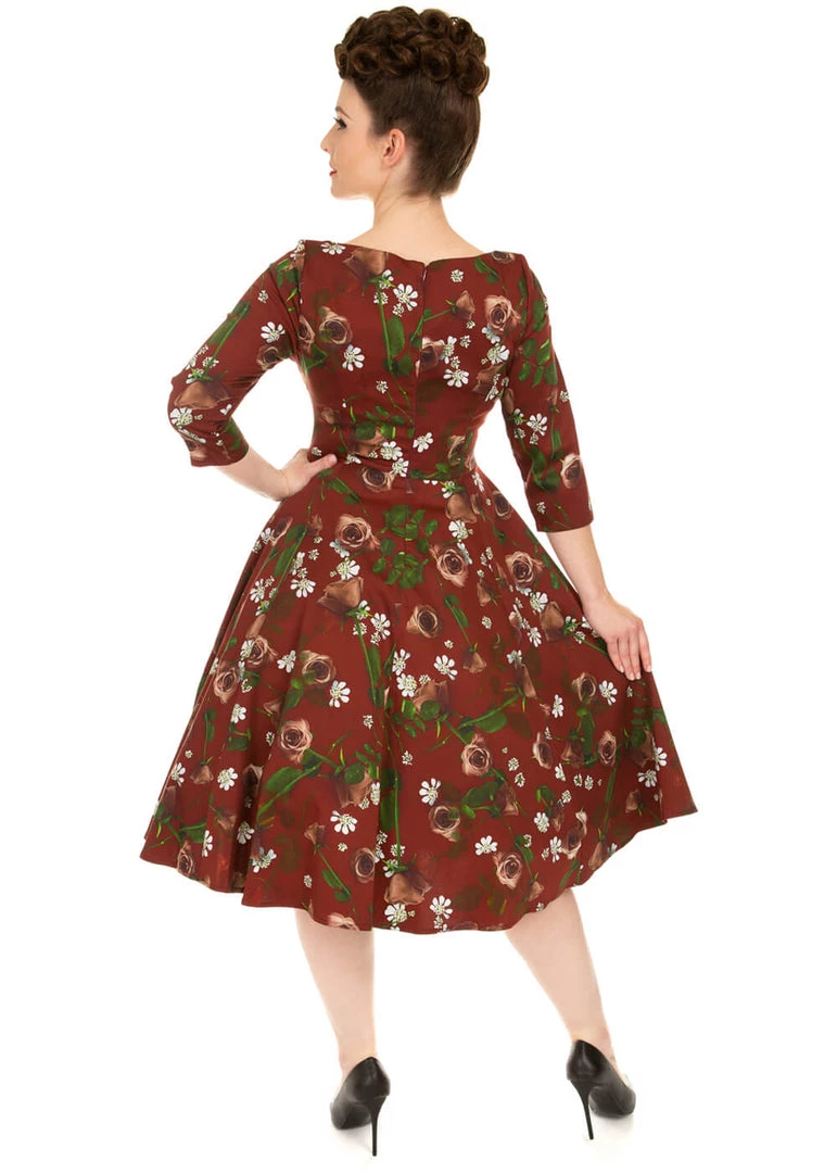 New In Hearts & Roses Francis Floral 50's Swing Dress Burgundy