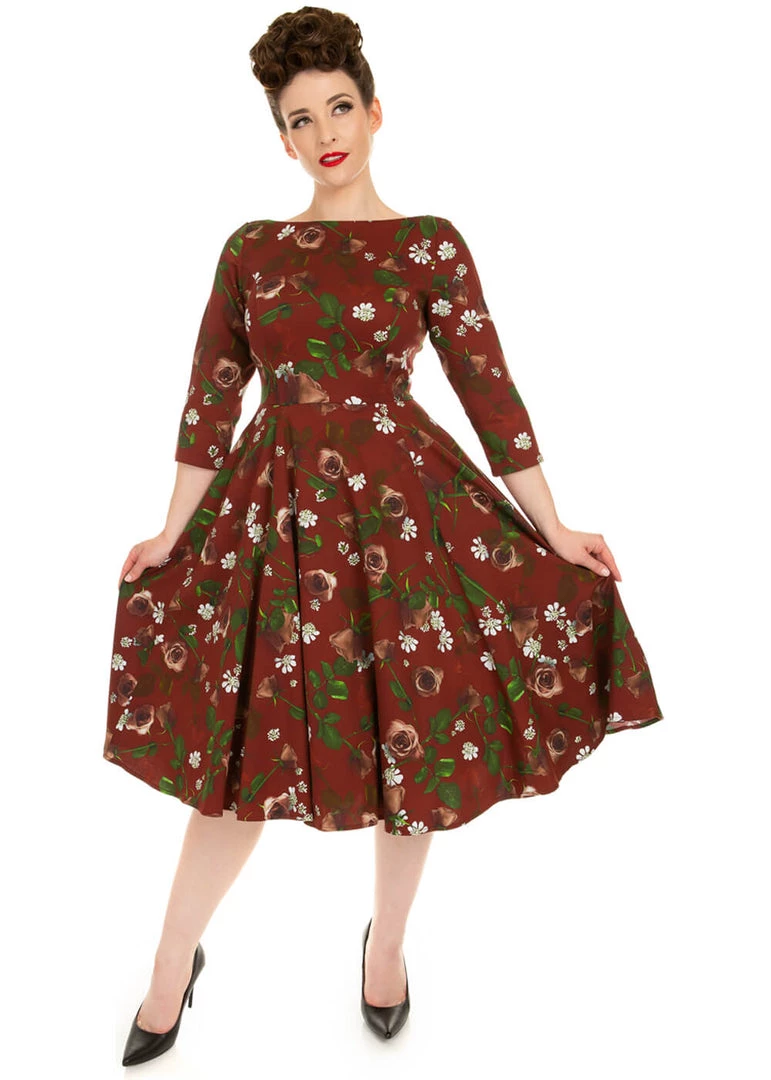 New In Hearts & Roses Francis Floral 50's Swing Dress Burgundy