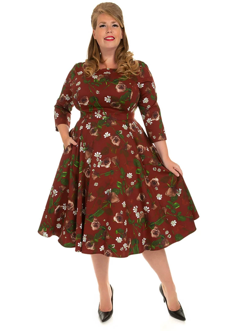 New In Hearts & Roses Francis Floral 50's Swing Dress Burgundy