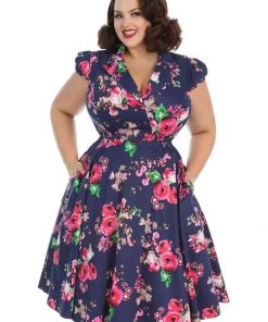 Hearts & Roses Midnight Garden 50's Swing Dress Navy