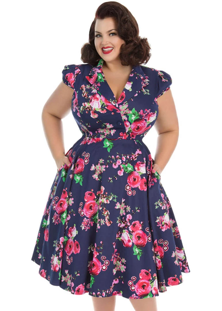 Hearts & Roses Midnight Garden 50's Swing Dress Navy